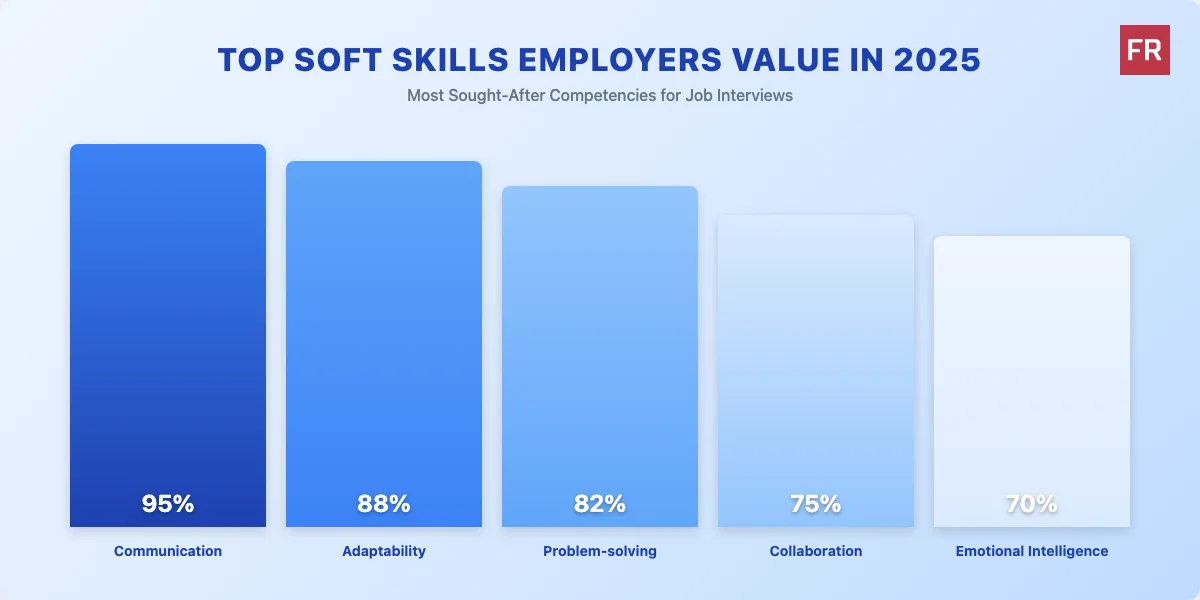 Top Soft Skills Employers Value in 2025 - Bar chart showing Communication (95%), Adaptability (88%), Problem-solving (82%), Collaboration (75%), and Emotional Intelligence (70%)
