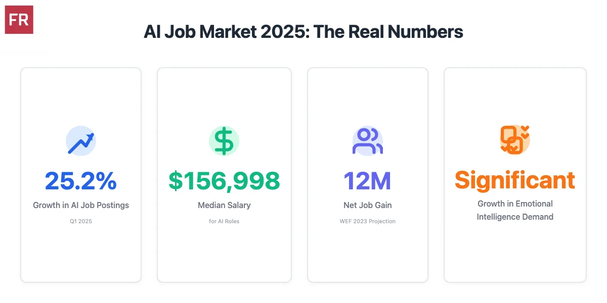 AI Job Market 2025 statistics: 25.2% growth in AI job postings, $156,998 median salary, 12M net job gain (WEF 2023), and significant growth in emotional intelligence demand