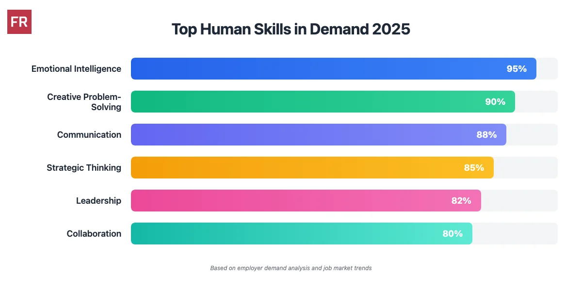 Bar chart showing top human skills in demand for 2025: Emotional Intelligence (95%), Creative Problem-Solving (90%), Communication (88%), Strategic Thinking (85%), Leadership (82%), and Collaboration (80%)