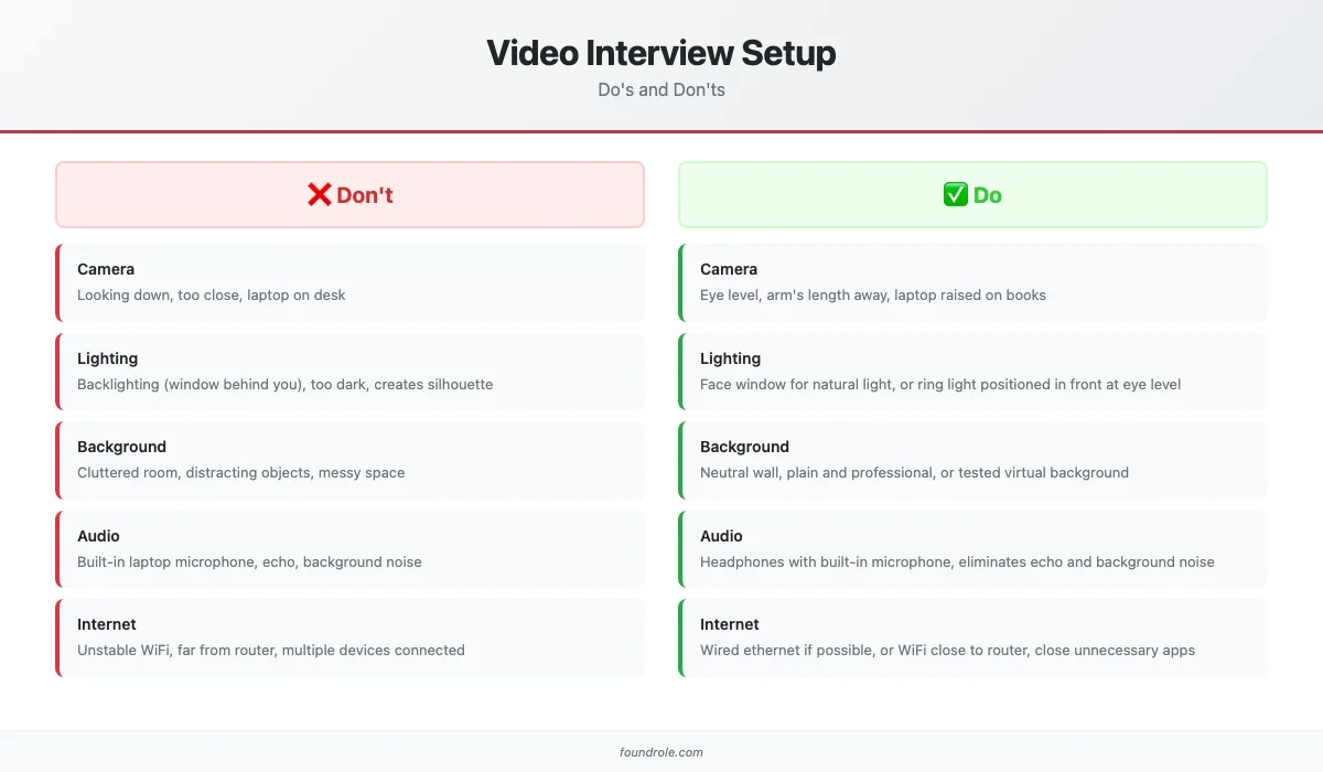 Video interview setup comparison showing do's and don'ts for camera positioning, lighting, background, audio, and internet connection